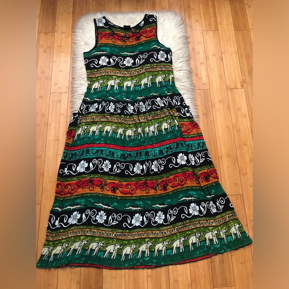 Vintage Bila Safari Tribal Animal Floral Stripes Gauze Sleeveless Maxi Dress M